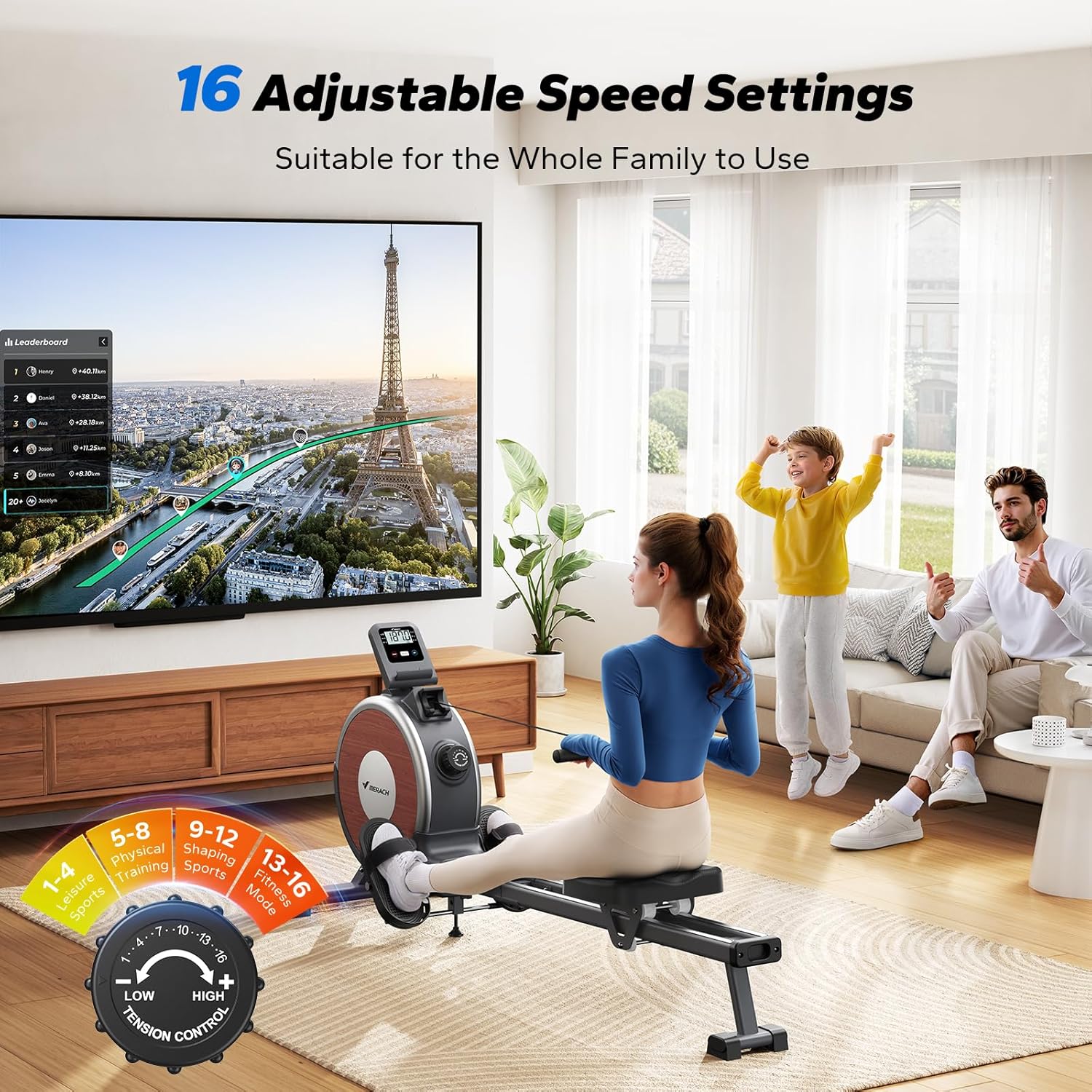 Merachi household rowing machine silent resistance dual-slide design wourant