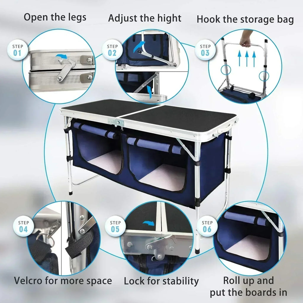 Outdoor Folding Table Aluminum Lightweight Height Adjustable with Storage Organizer wourant