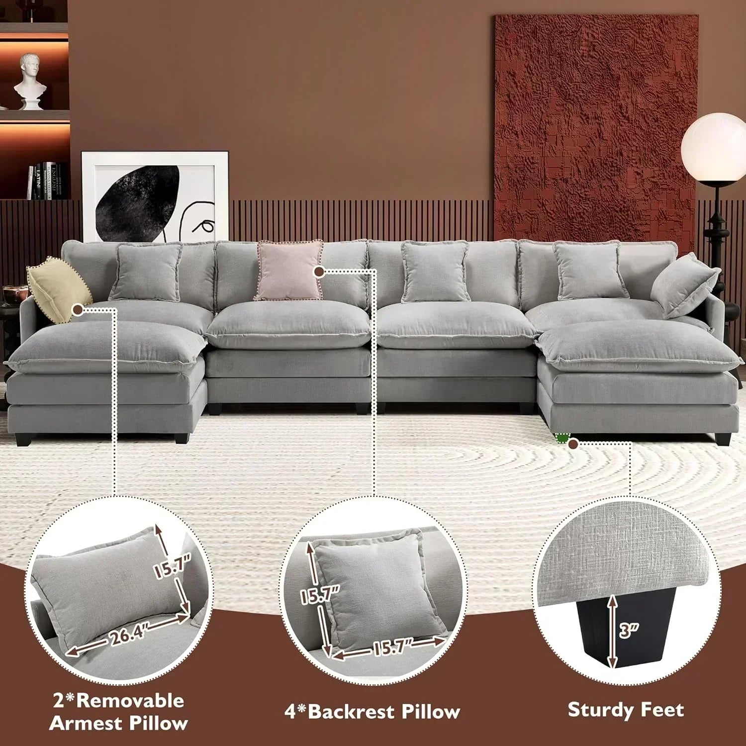 111.4 Inch L Shaped Modern Sofa Modular Cloud Sofa with Ottoman 4 Seater Chenille Deep Seat Sofa wourant