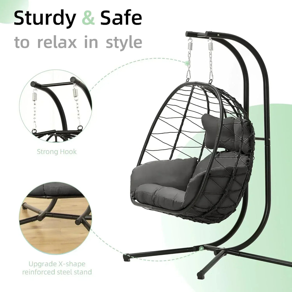 Double Egg Chair wth Stand Hammock Swing Chair Foldable Hanging Loveseat UV Resistant wourant