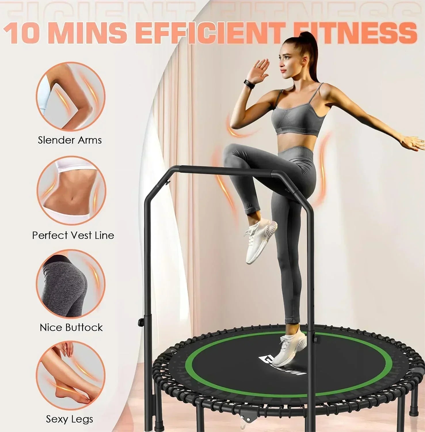 BCAN 450/550 LBS Foldable Mini Trampoline Fitness Trampoline Bungees Adjustable Foam Handle wourant