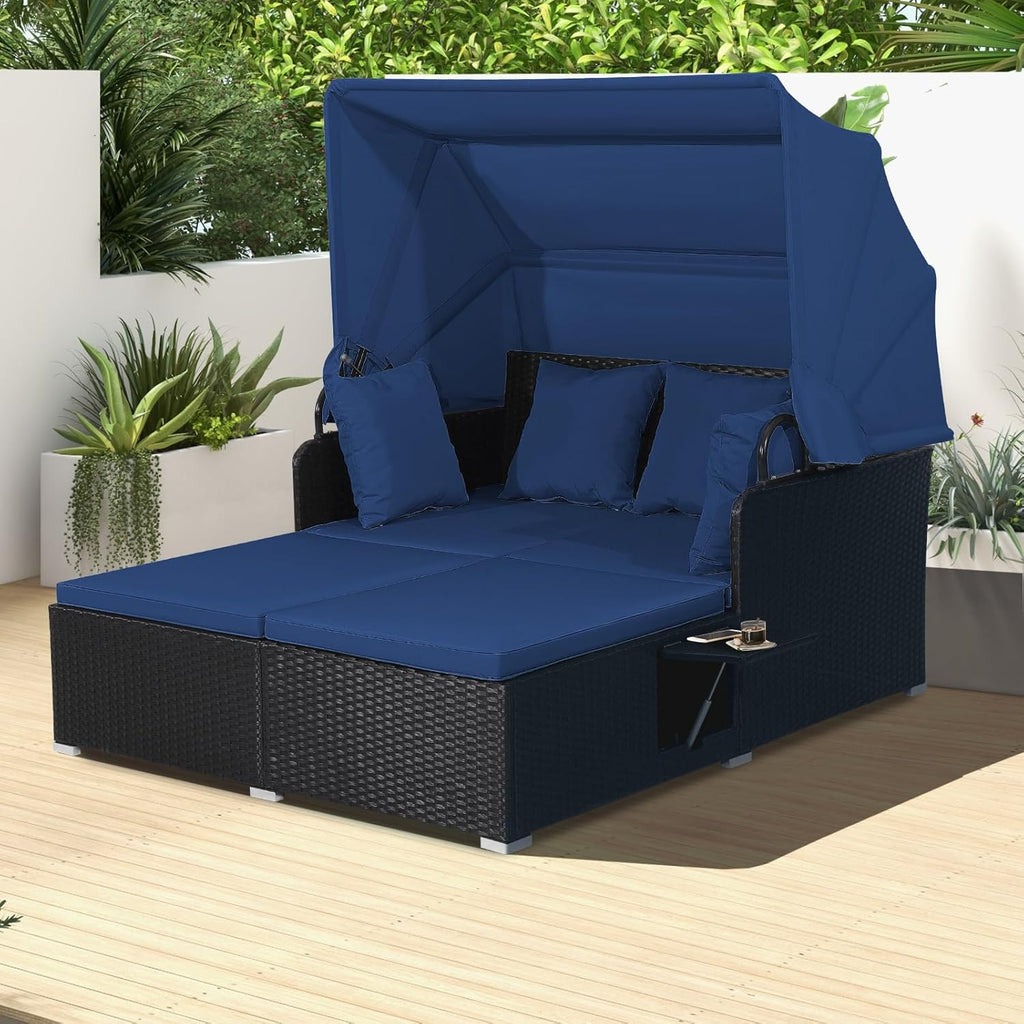 RELAX4LIFE Patio Outdoor Daybed with Canopy Wicker Sunbed Cushions 4 Pillows wourant