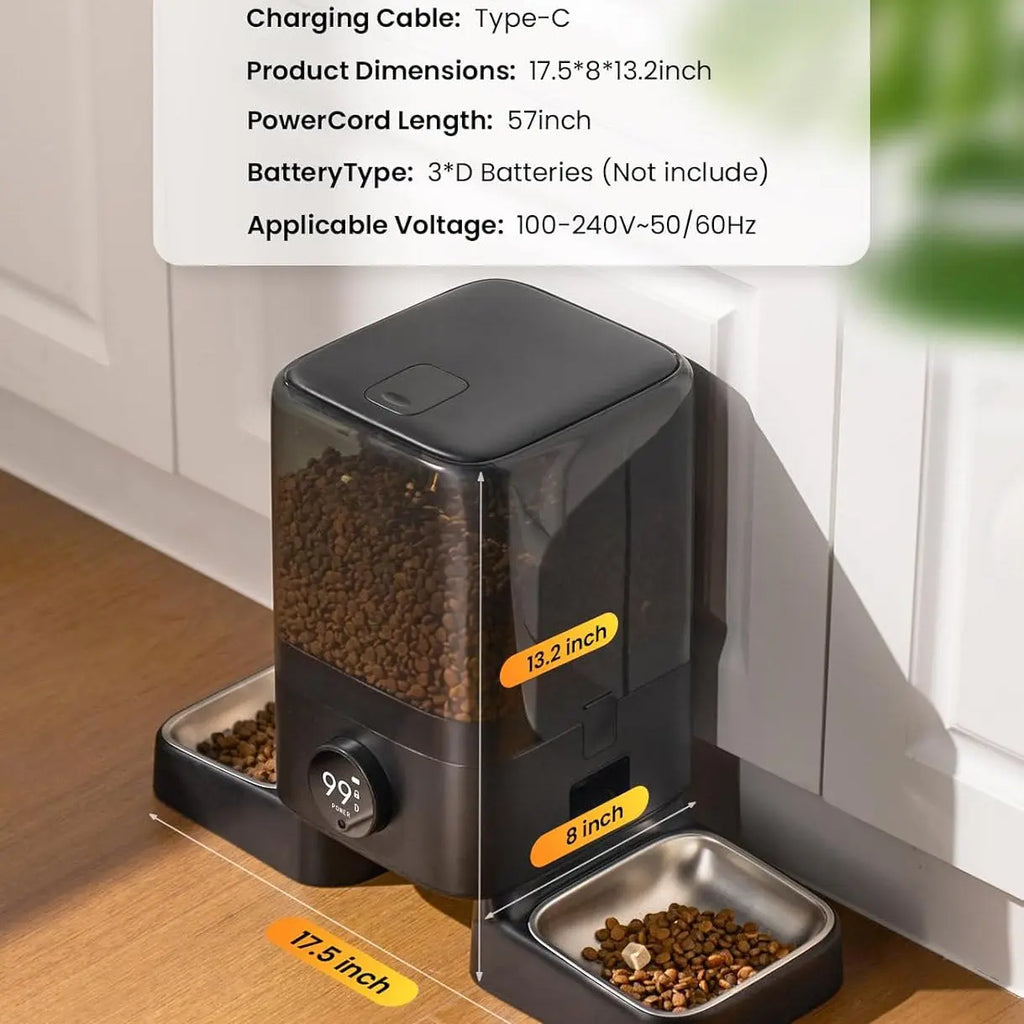 Cordless Automatic Cat Feeder for 2 Cats 5L Dual Bowl WiFi App 100-Day Battery anfaavocat
