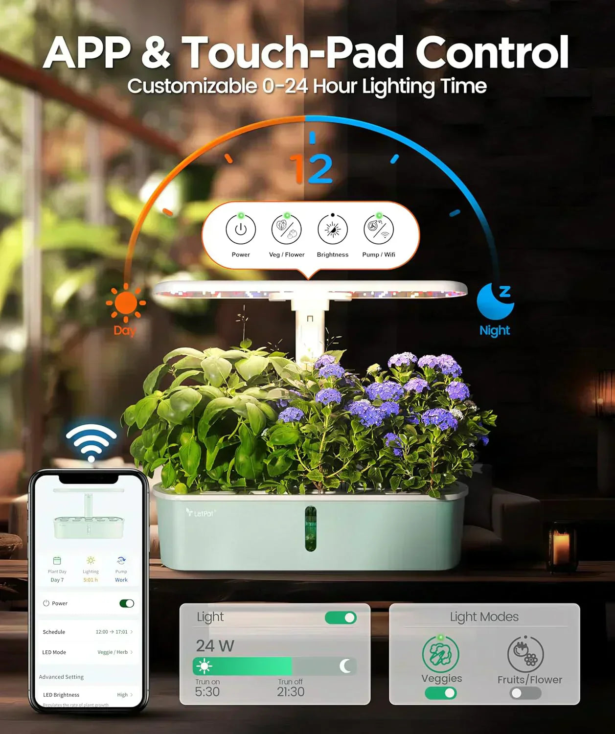 Hydroponic Planting System Kit App and WiFi Controlled Indoor Garden Full Spectrum Grow Light wourant