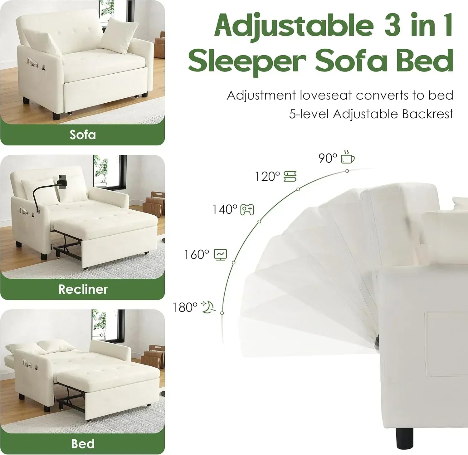 Sleeper Sofa Bed 3 in 1 Convertible Sleeper Couch Bed Pull Out Small Loveseat Sofa wourant