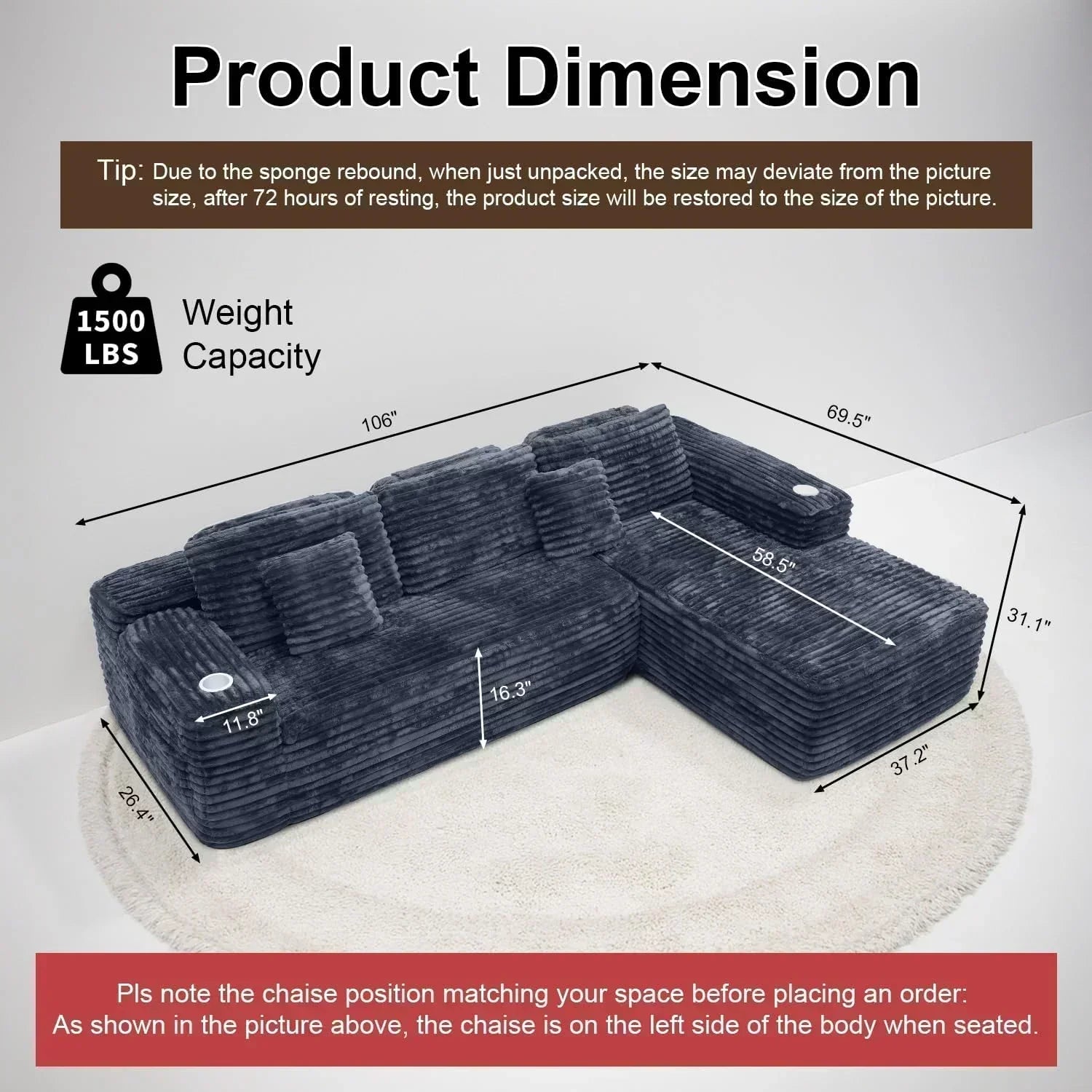 Cloud section sofa with L-shaped recliner modern modular sofa built-in cup holder wourant