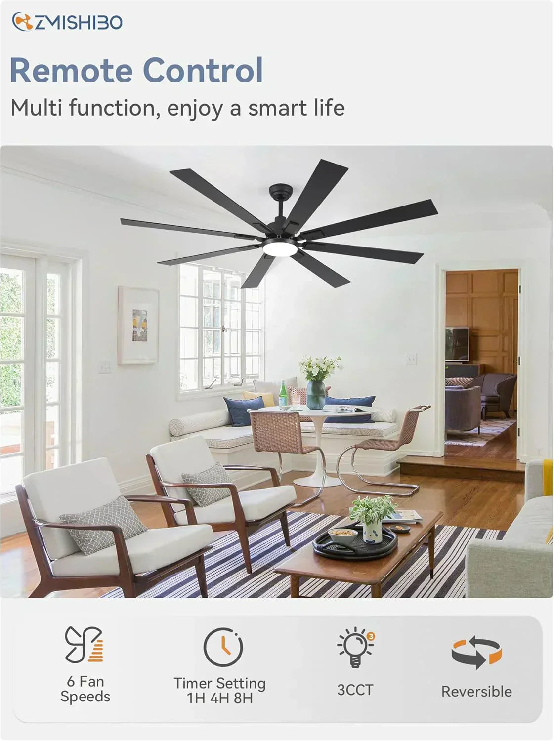 Zmishibo 72-inch large ceiling fan with lighting and remote indoor/outdoor wourant