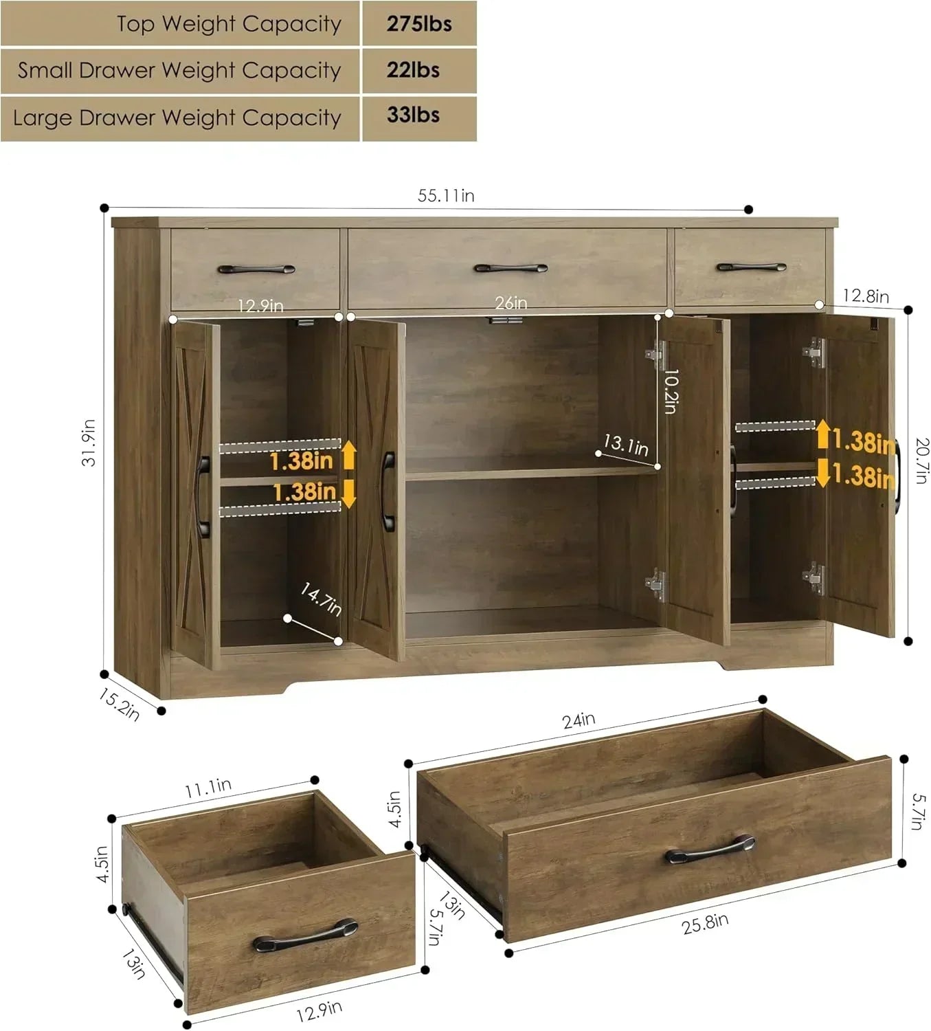 Sideboard with drawers large 55-inch sideboard modern farmhouse wood kitchen dining table wourant