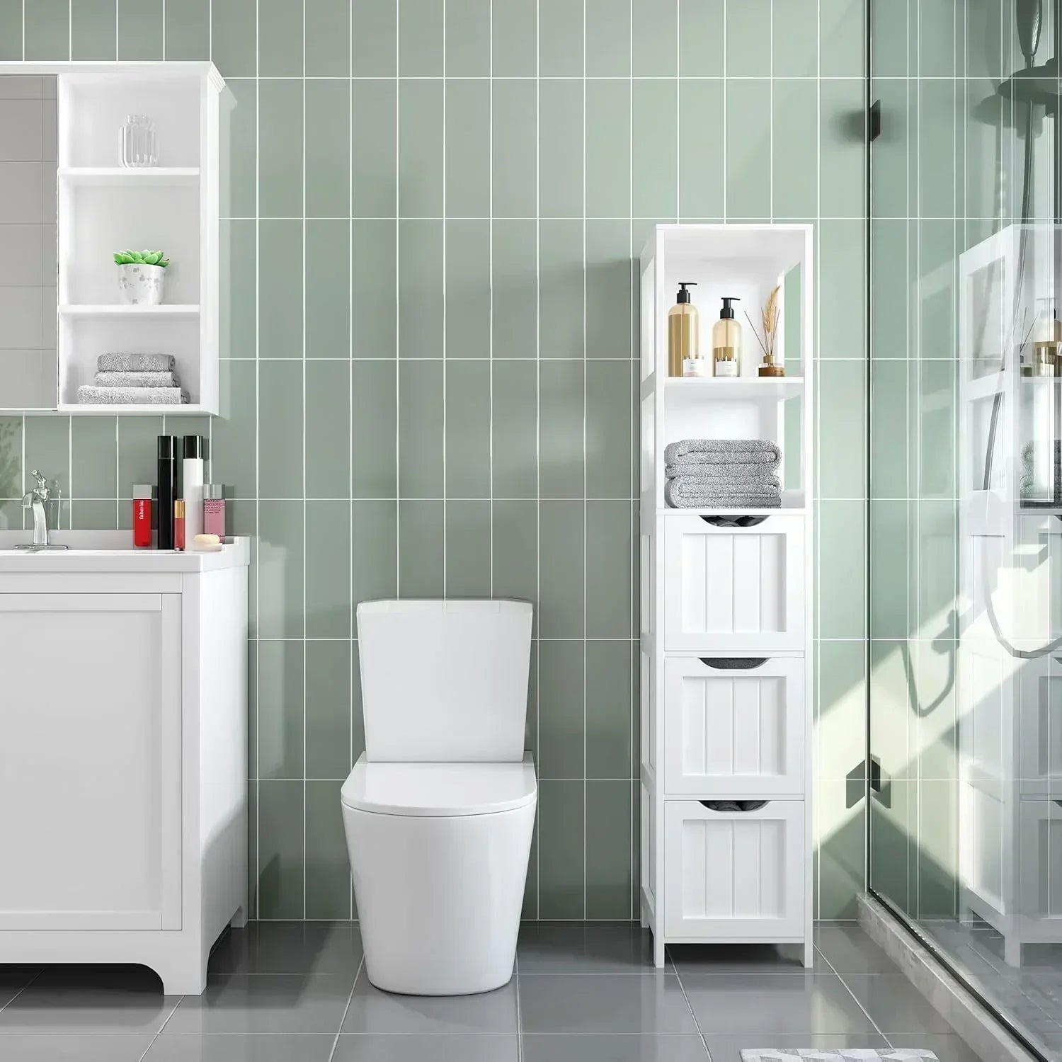 Bathroom Floor Cabinet Wooden Storage Cabinet with 2 Drawers Multifunctional Side Organizer Rack wourant