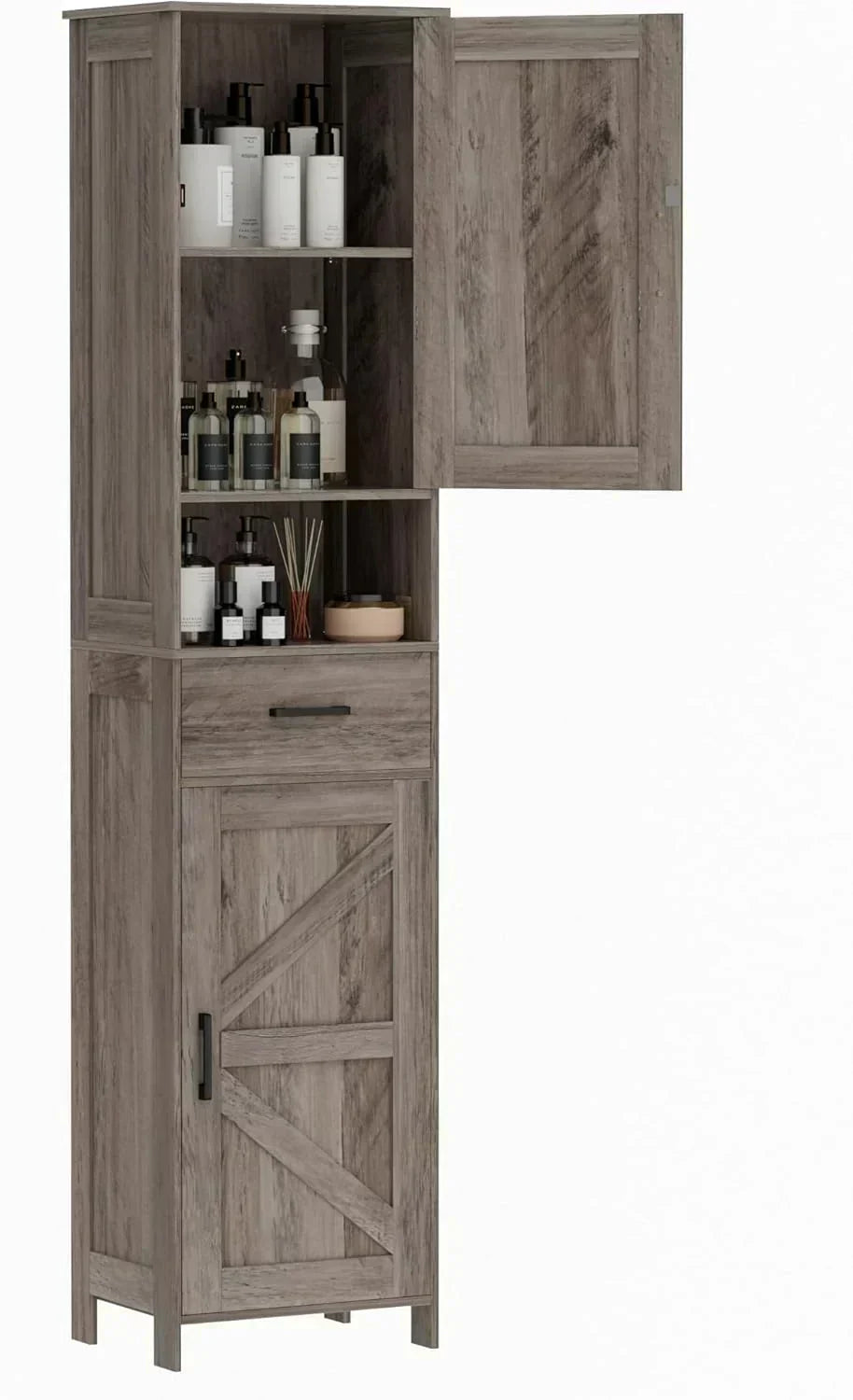 Homhedy 67" H Tall Bathroom Storage Cabinet with 2 Barn Doors and 1 Drawer Narrow Storage Unit wourant