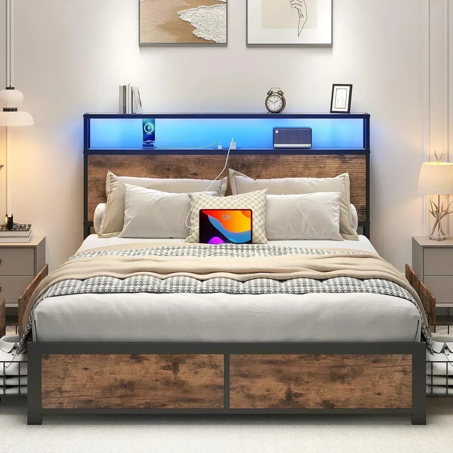 Lifezone Queen Bed Frame 2-Tier Storage Headboard Metal Platform Bed Frame 4 Storage Drawers wourant