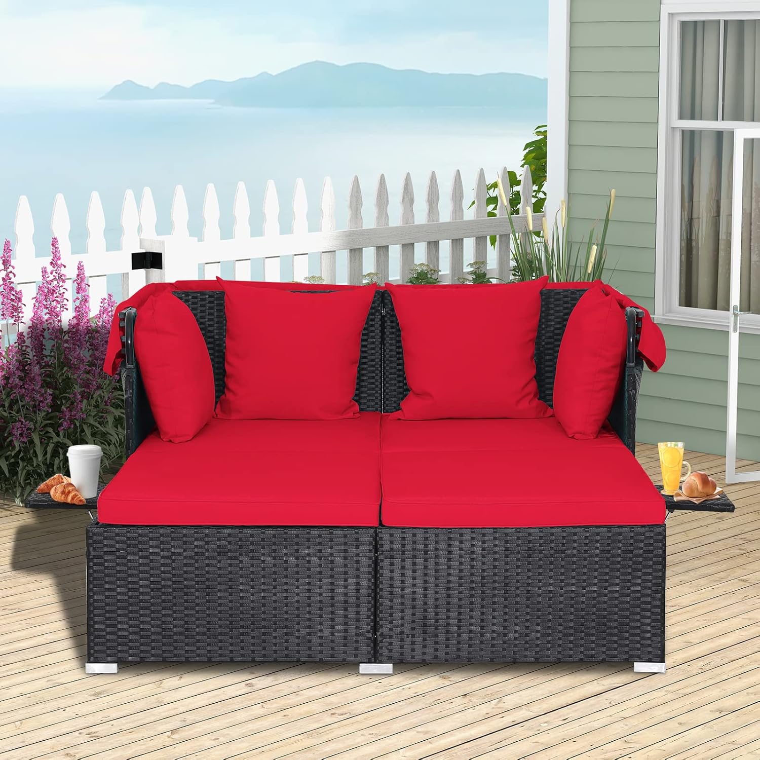 RELAX4LIFE Patio Outdoor Daybed with Canopy Wicker Sunbed Cushions 4 Pillows wourant