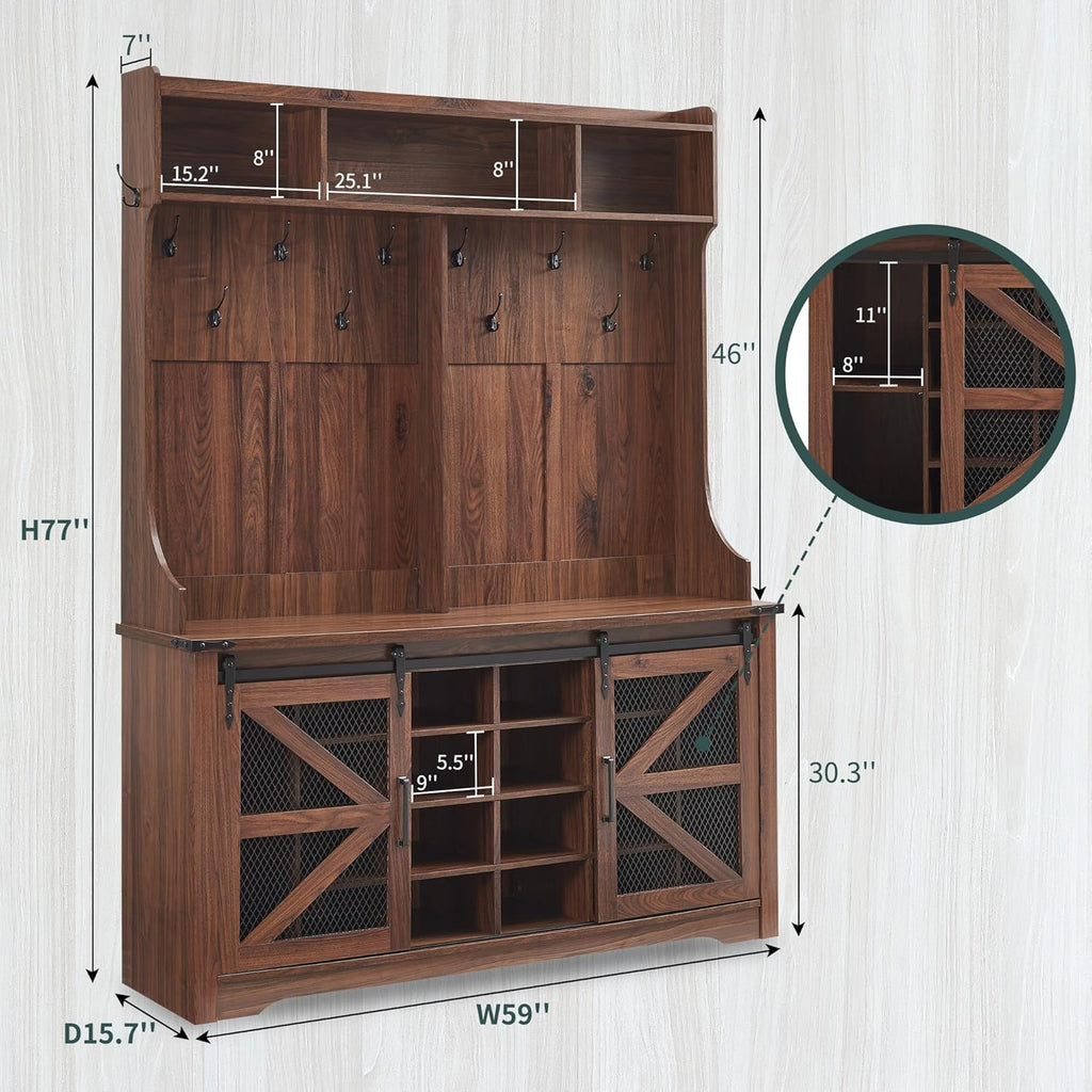 JXQTLINGMU 59-inch Farmhouse Foyer Tree Shoe Storage Entryway Bench Foyer Coat Rack Cabinet wourant