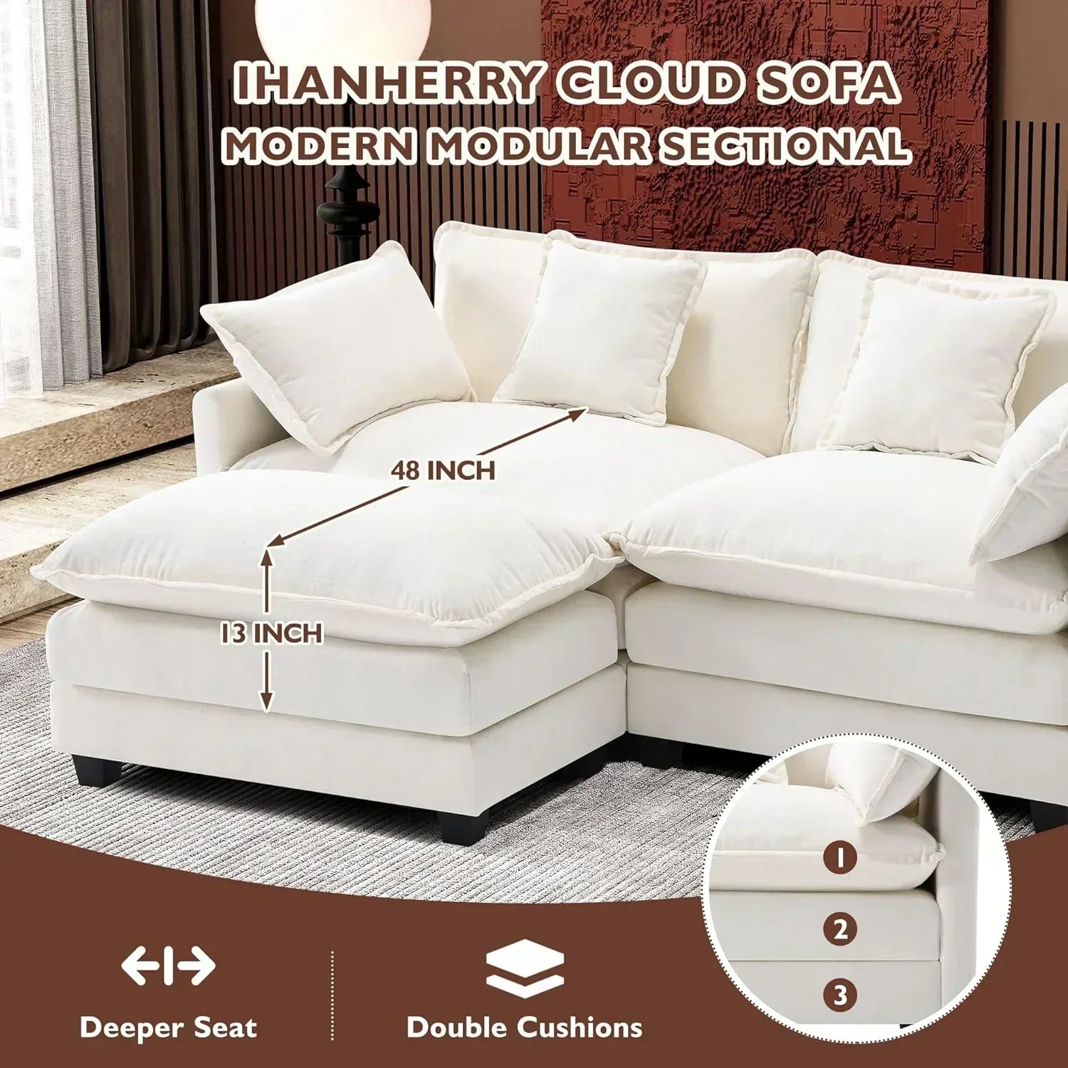111.4 Inch L Shaped Modern Sofa Modular Cloud Sofa with Ottoman 4 Seater Chenille Deep Seat Sofa wourant