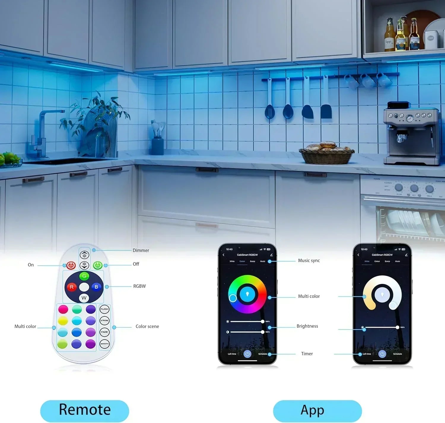 Smart under-cabinet lighting strip white and color-changing dimmable wourant