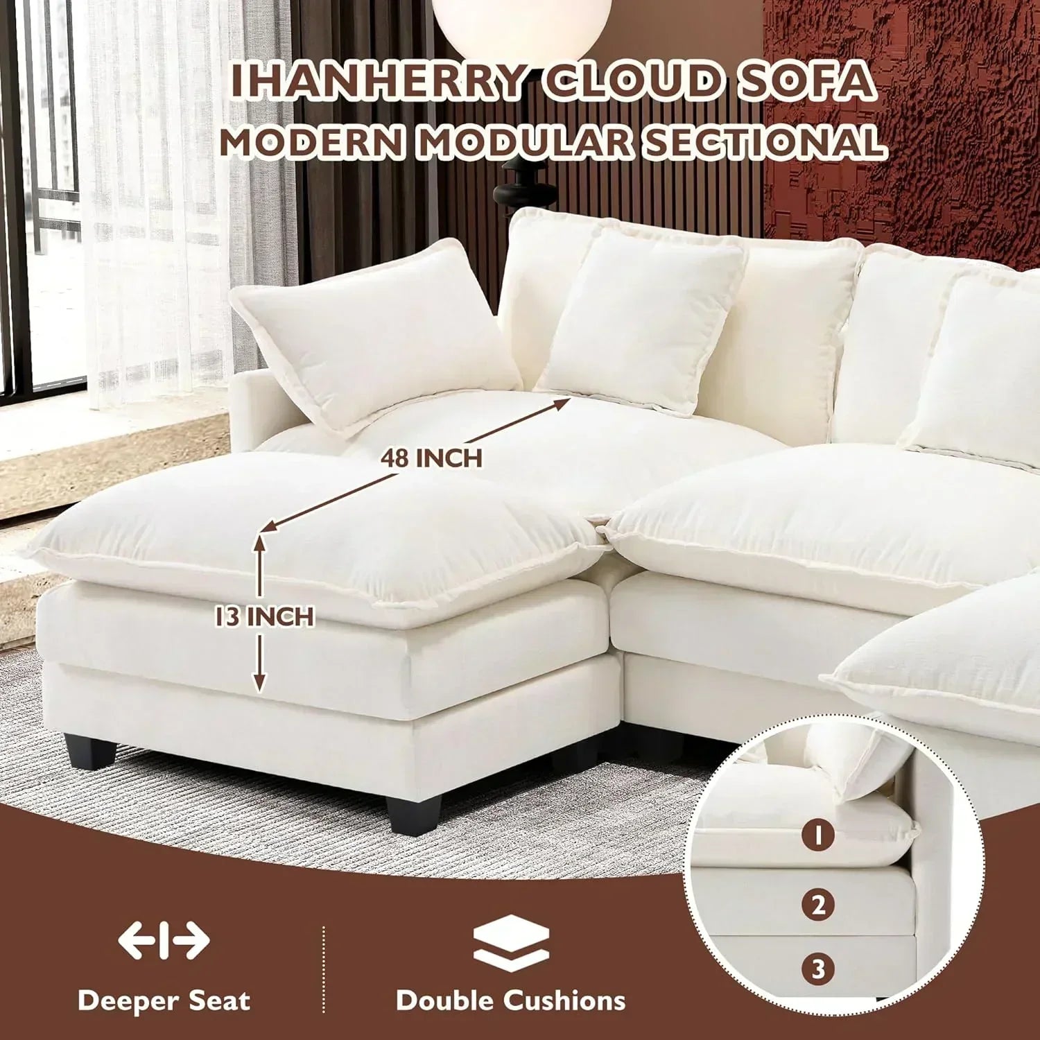 ihanherry 146-inch U-shaped modern sofa modular area cloud sofa wourant