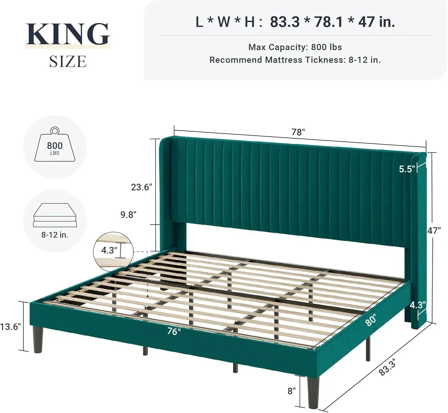 Allewie Full Size Velvet Bed Frame Vertical Channel Tufted Wingback Headboard Upholstered Bed wourant