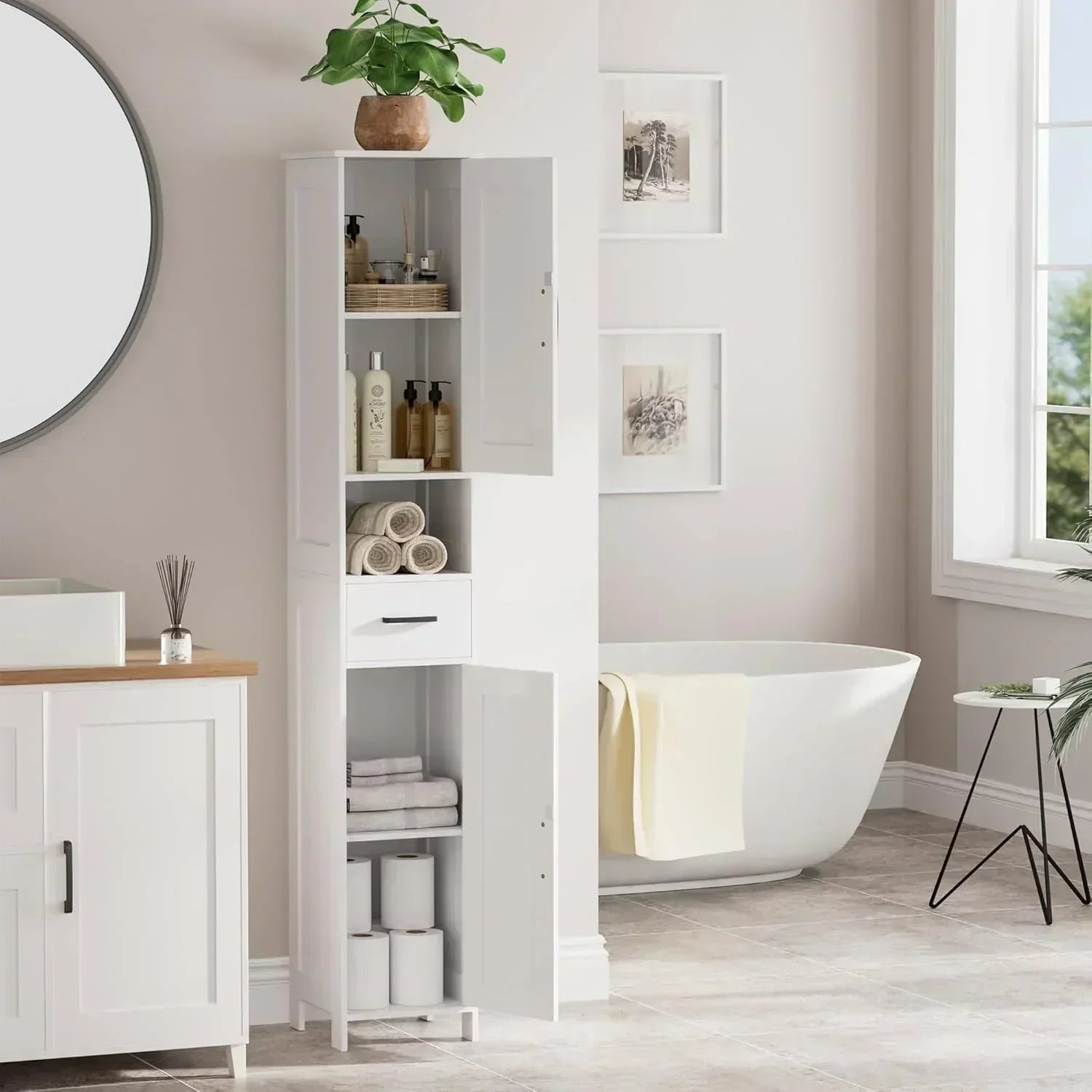 Homhedy 67" H Tall Bathroom Storage Cabinet with 2 Barn Doors and 1 Drawer Narrow Storage Unit wourant
