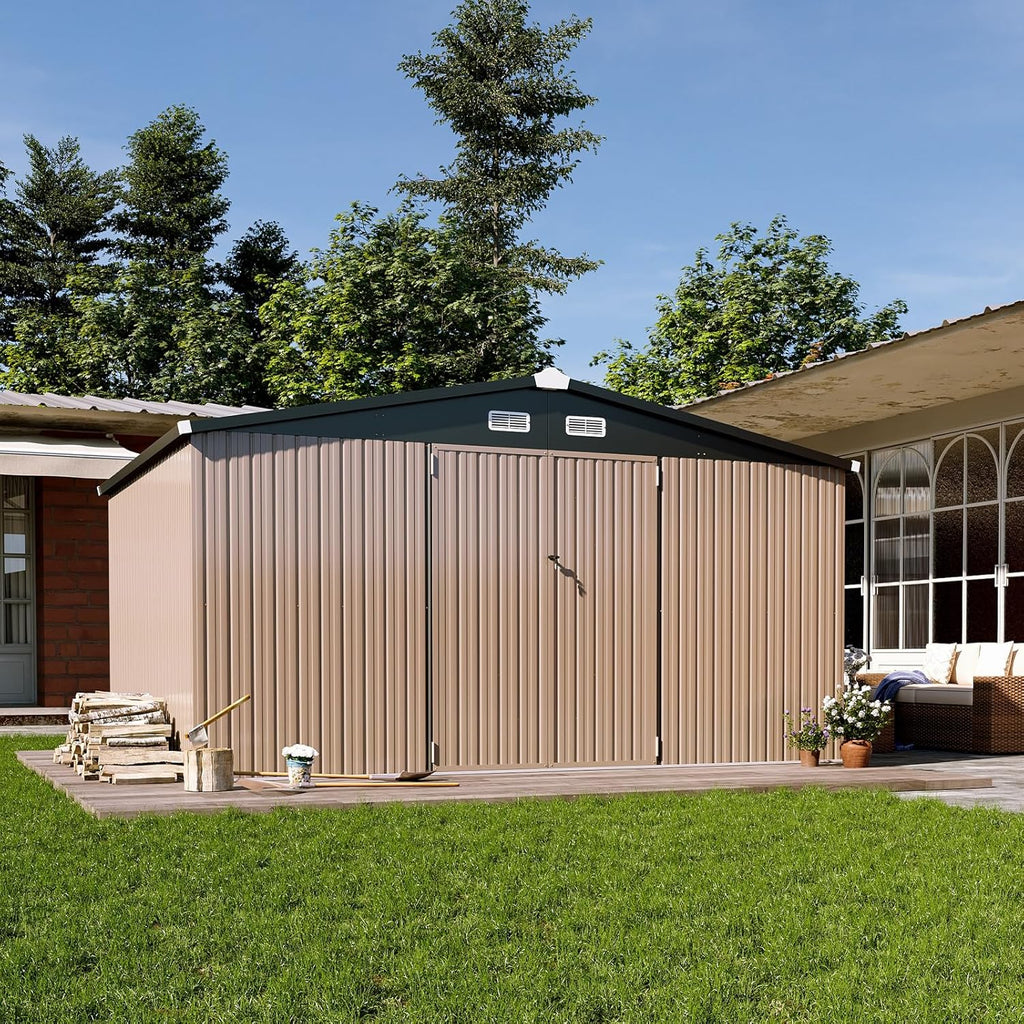 Aoxun 12x10 FT Shed Metal Outdoor Waterproof Storage Shed Steel Utility Garden Tool Shed wourant