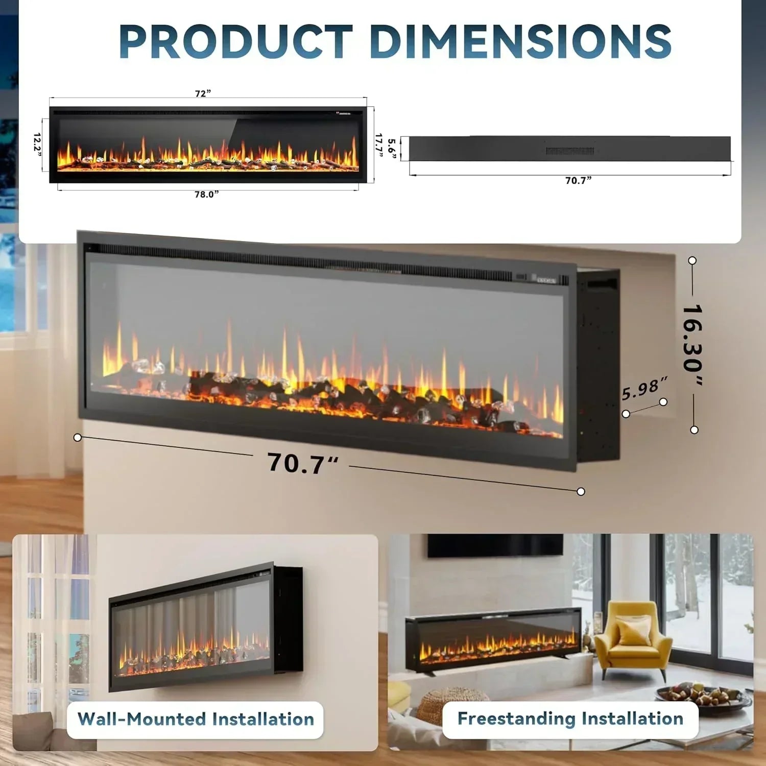 EUHOMY 50 Inch Electric Fireplace Wall Recessed Adjustable Flame Color Fireplace Heater wourant