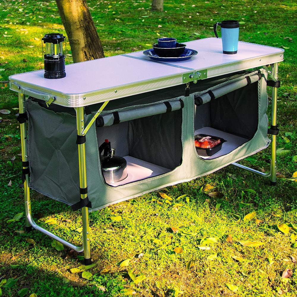Outdoor Folding Table Aluminum Lightweight Height Adjustable with Storage Organizer wourant