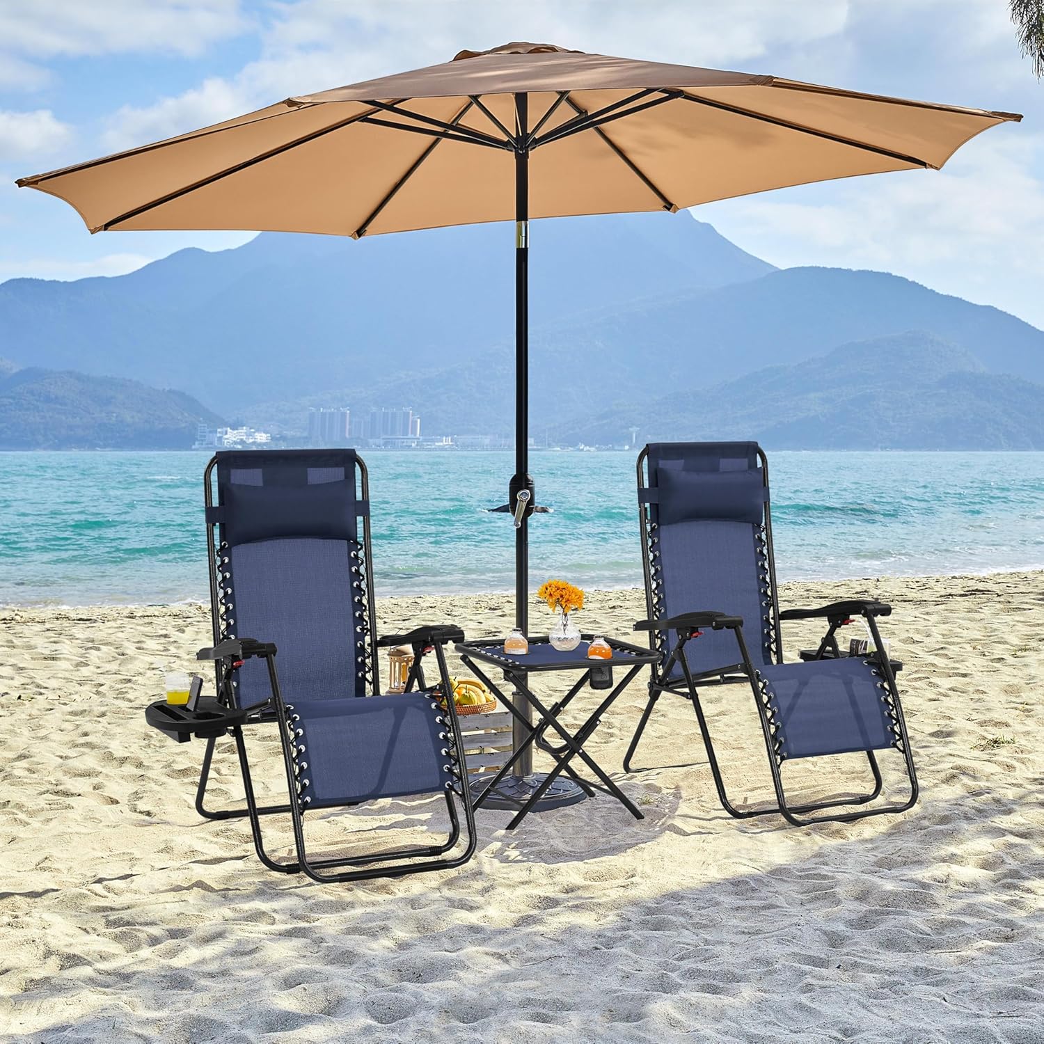 3PCS Zero Gravity Recliner Portable Outdoor Reclining Chair Set Side Table Lounge Chairs wourant