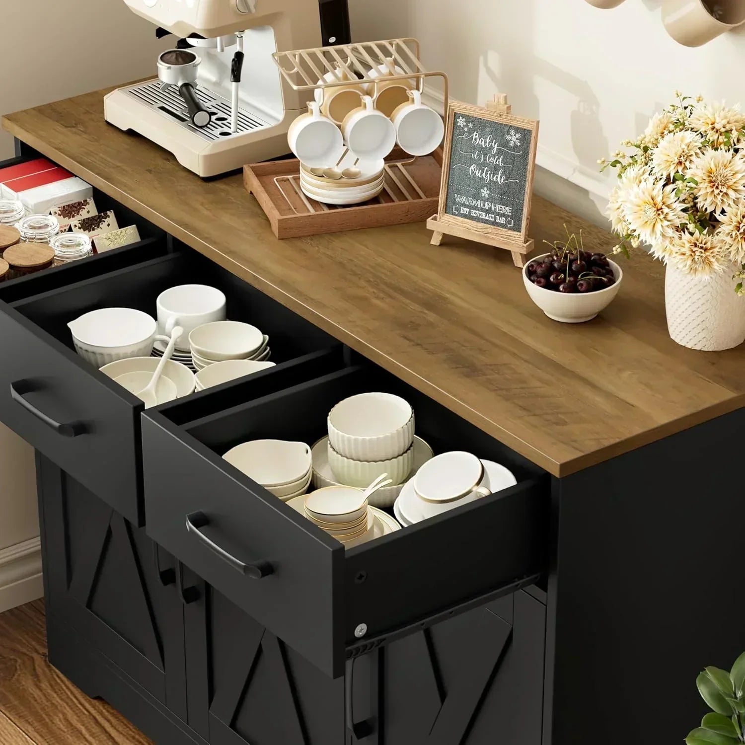 Modern farmhouse sideboard barn door buffet storage cabinet with drawers and shelves wourant