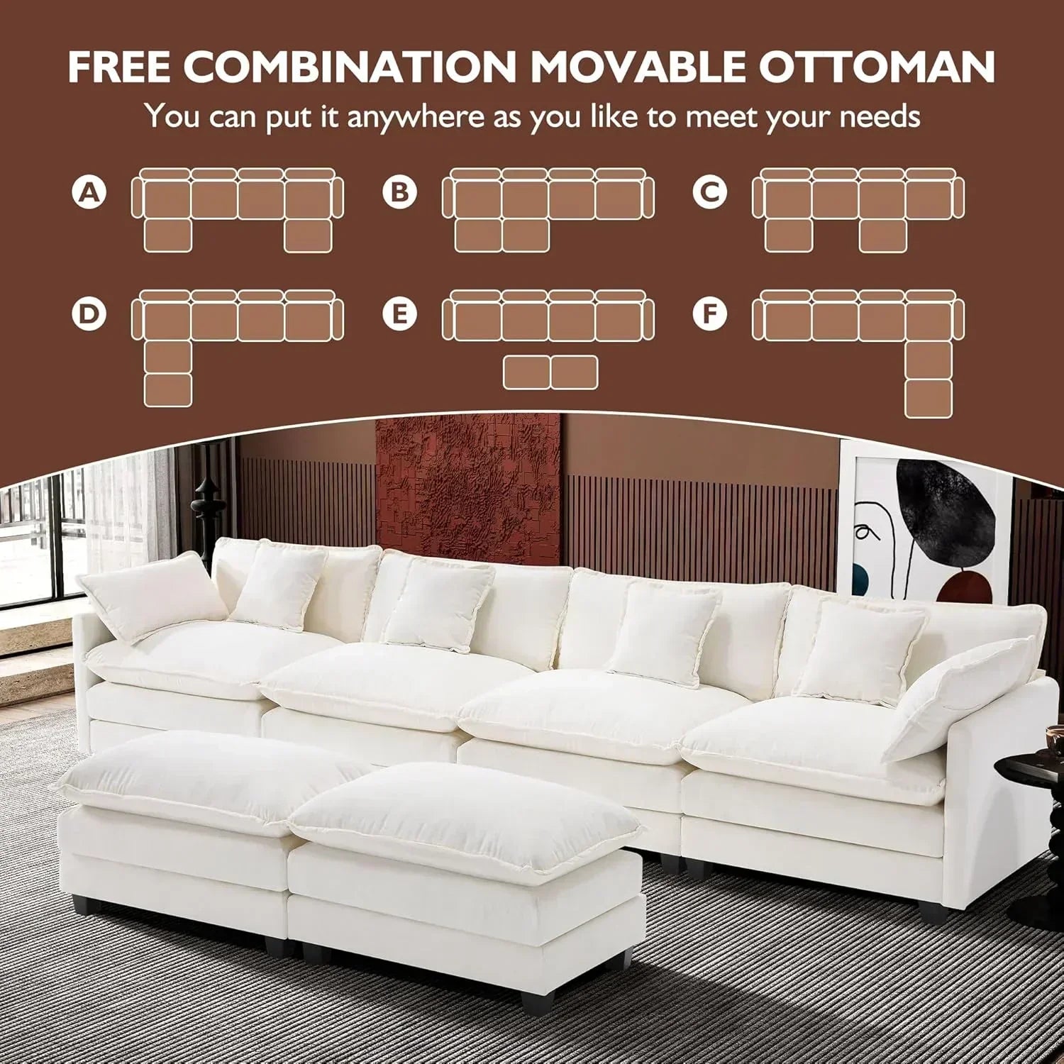 111.4 Inch L Shaped Modern Sofa Modular Cloud Sofa with Ottoman 4 Seater Chenille Deep Seat Sofa wourant