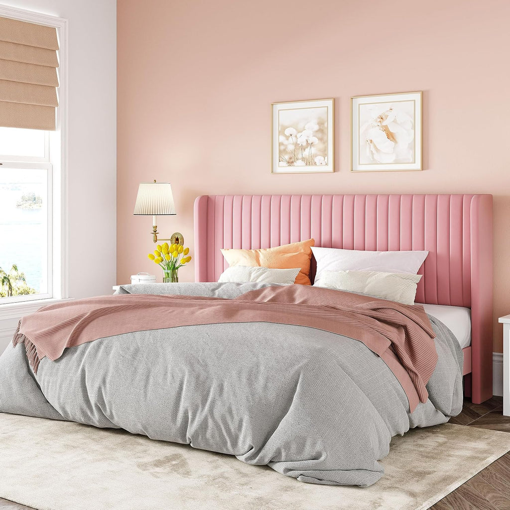 Allewie Full Size Velvet Bed Frame Vertical Channel Tufted Wingback Headboard Upholstered Bed wourant