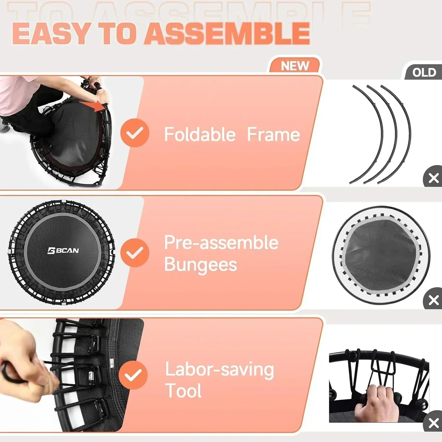 BCAN 450/550 LBS Foldable Mini Trampoline Fitness Trampoline Bungees Adjustable Foam Handle wourant