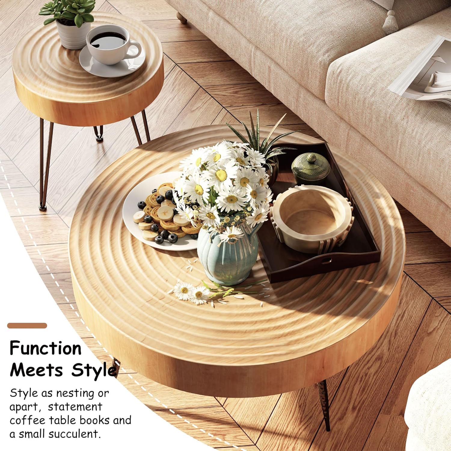 Two-Piece Modern Farmhouse Living Room Coffee Table Set Round Nesting Tables wourant