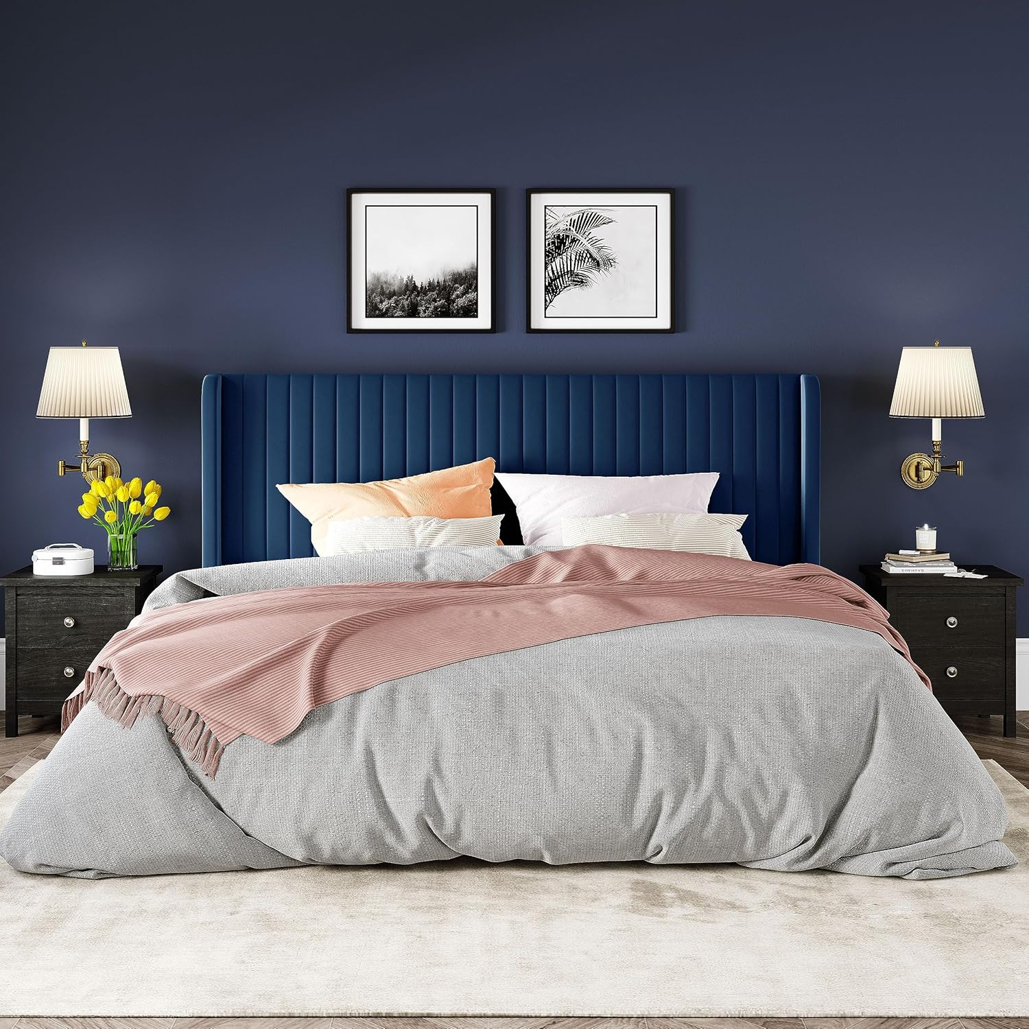 Allewie Full Size Velvet Bed Frame Vertical Channel Tufted Wingback Headboard Upholstered Bed wourant