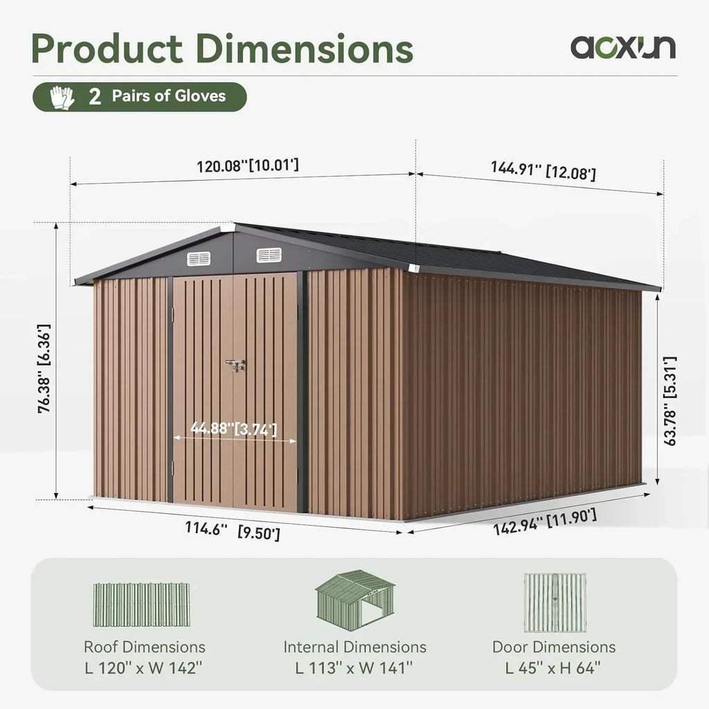 Aoxun 12x10 FT Shed Metal Outdoor Waterproof Storage Shed Steel Utility Garden Tool Shed wourant