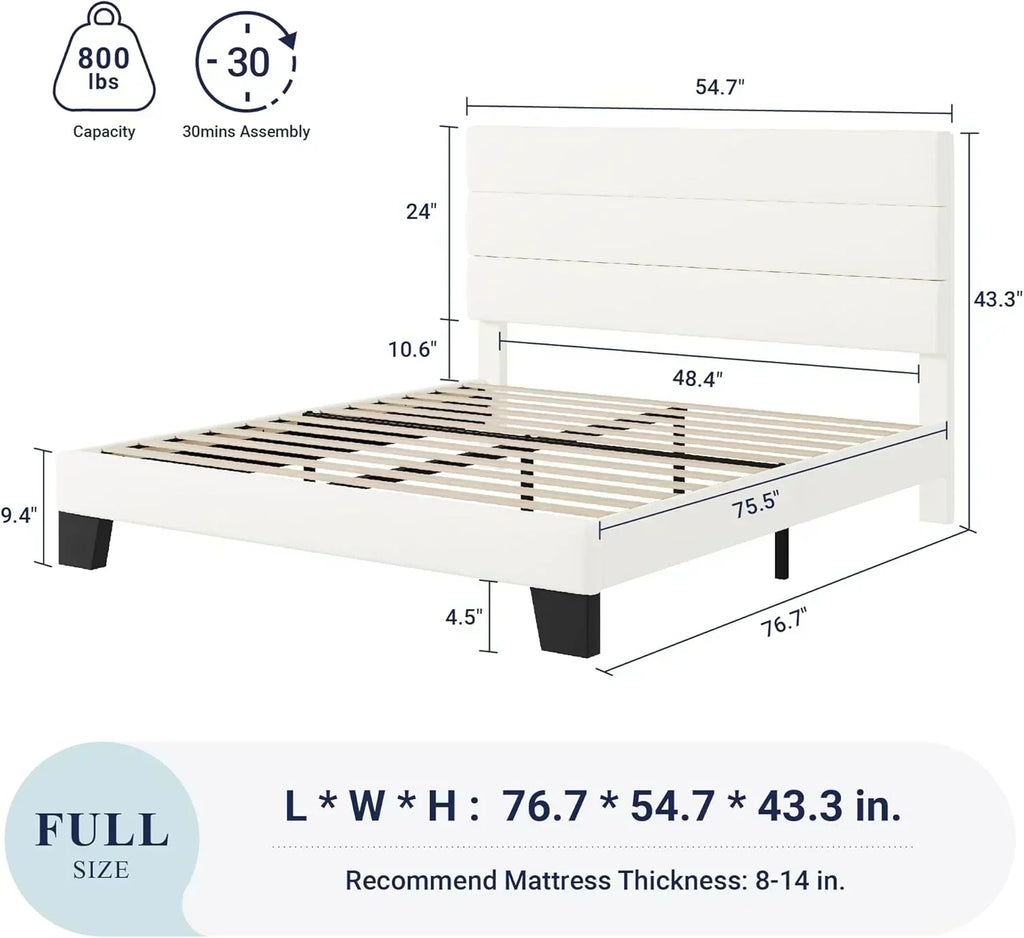 Allewie King size platform bed frame with velvet upholstered headboard and planks wourant