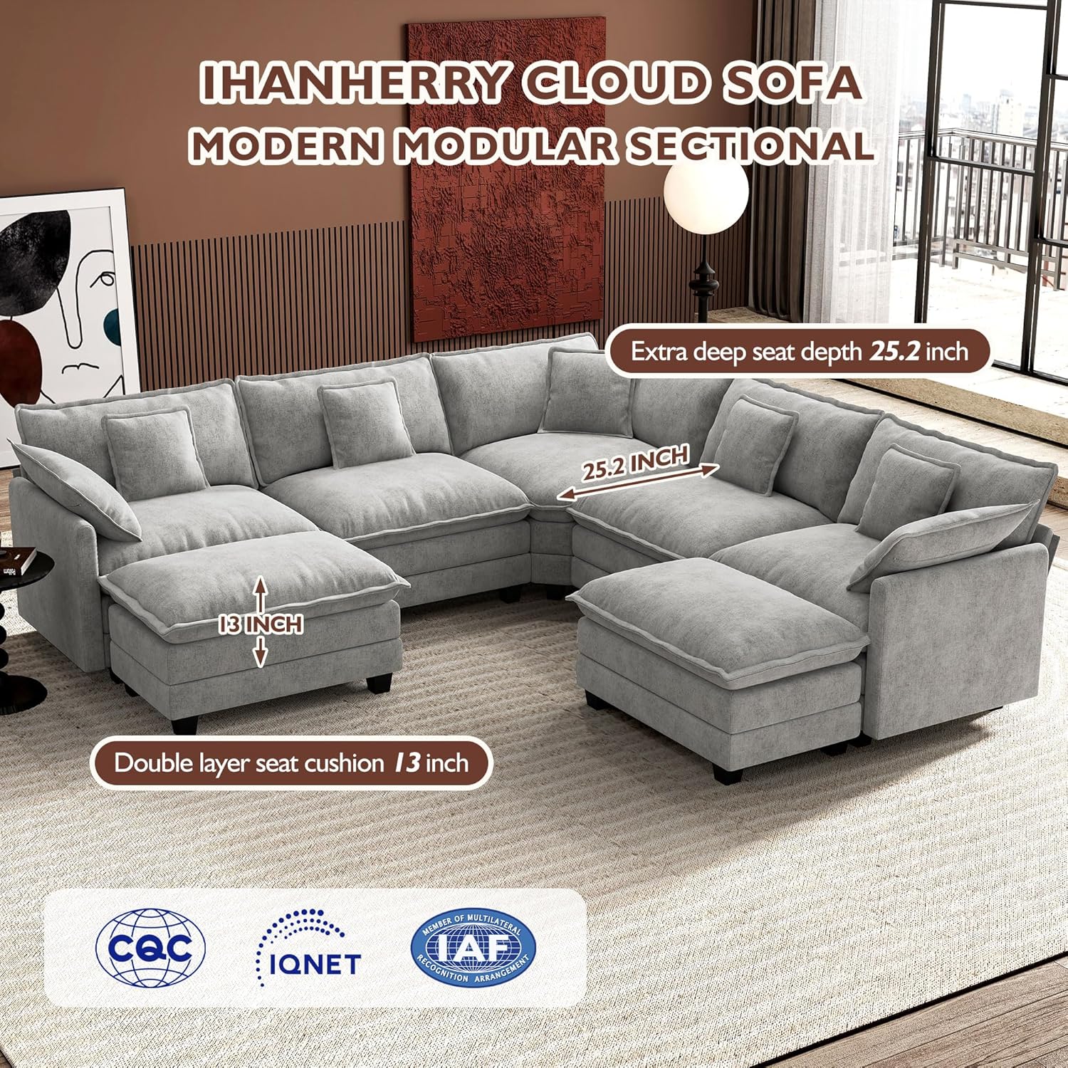 ihanherry 146-inch U-shaped modern sofa modular area cloud sofa wourant