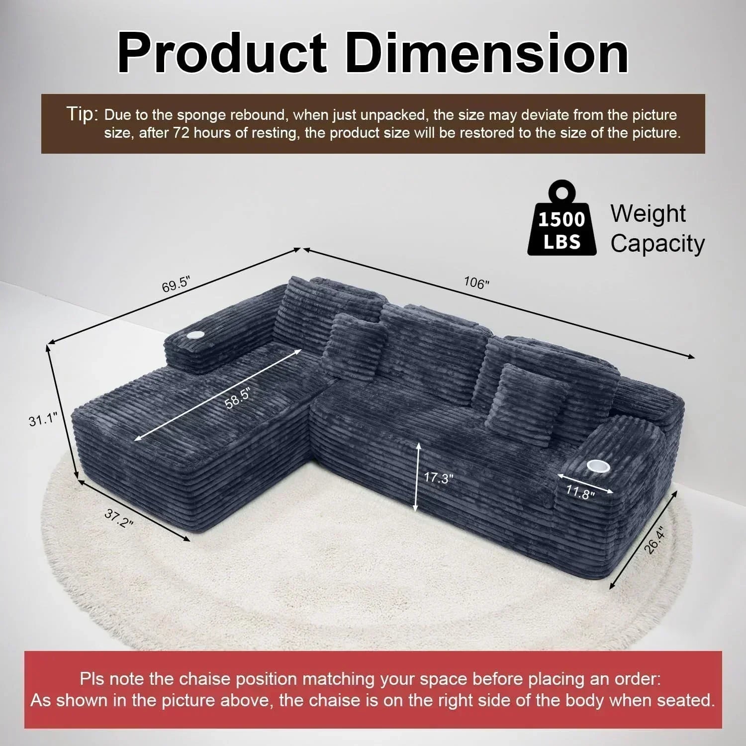Cloud Sectional Couch with L Shape Chaise Modern Modular Sofa with Deep Seat Built in Cup Holder wourant