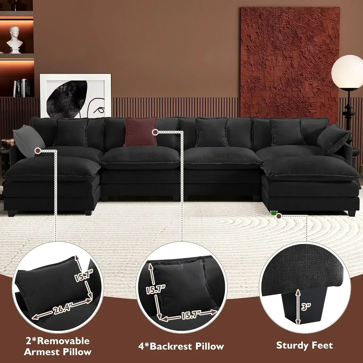 ihanherry 146-inch U-shaped modern sofa modular area cloud sofa wourant