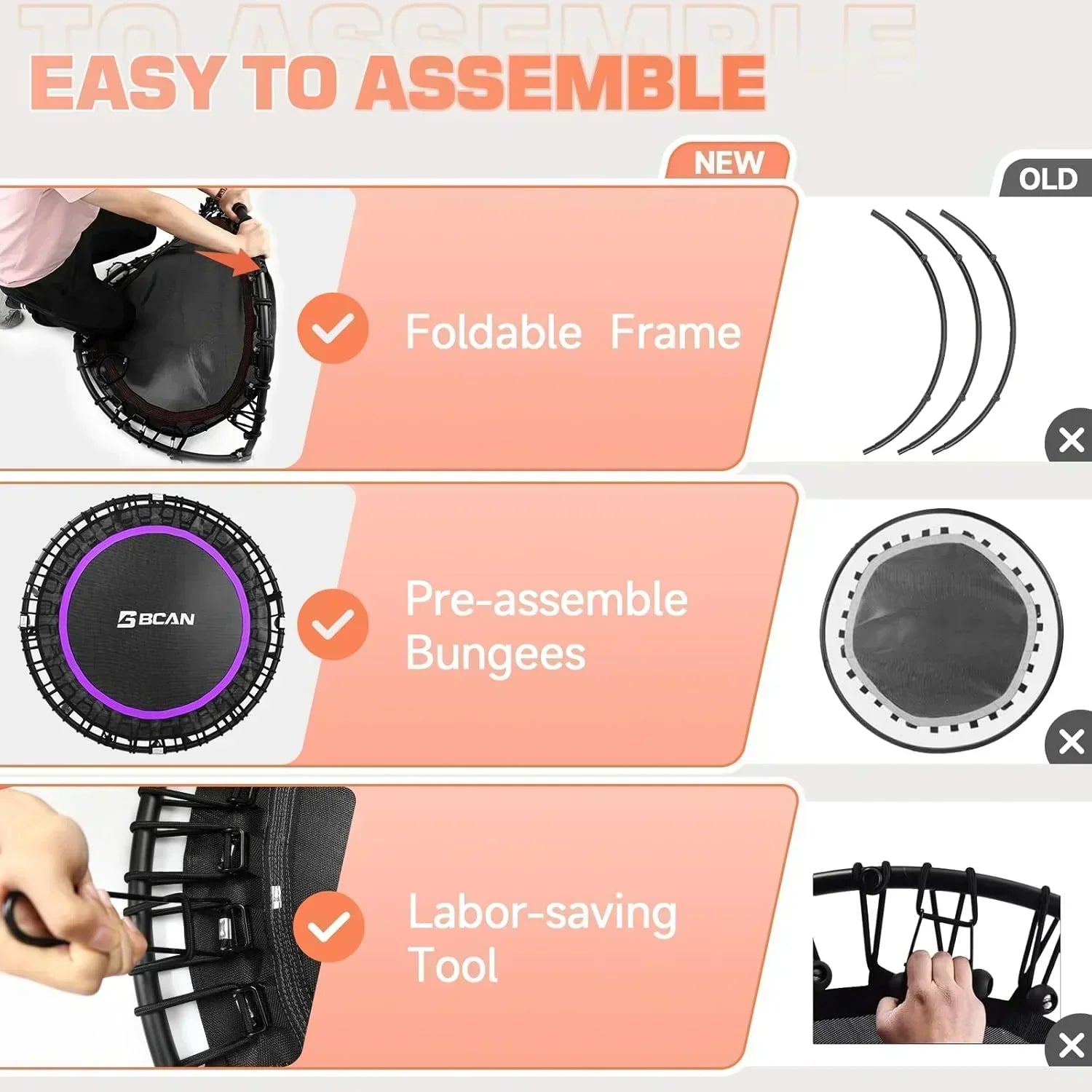 BCAN 450/550 LBS Foldable Mini Trampoline Fitness Trampoline Bungees Adjustable Foam Handle wourant