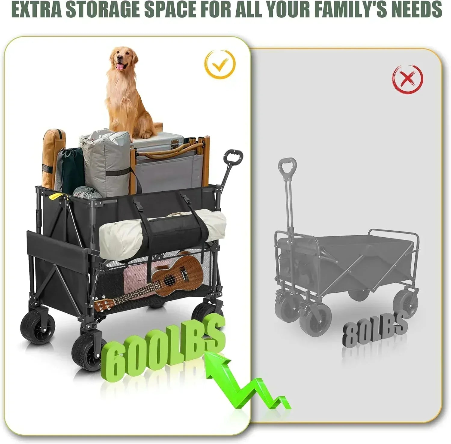 Double Decker Wagon Heavy Duty Collapsible 600LBS 400L Capacity Foldable Utility Cart wourant