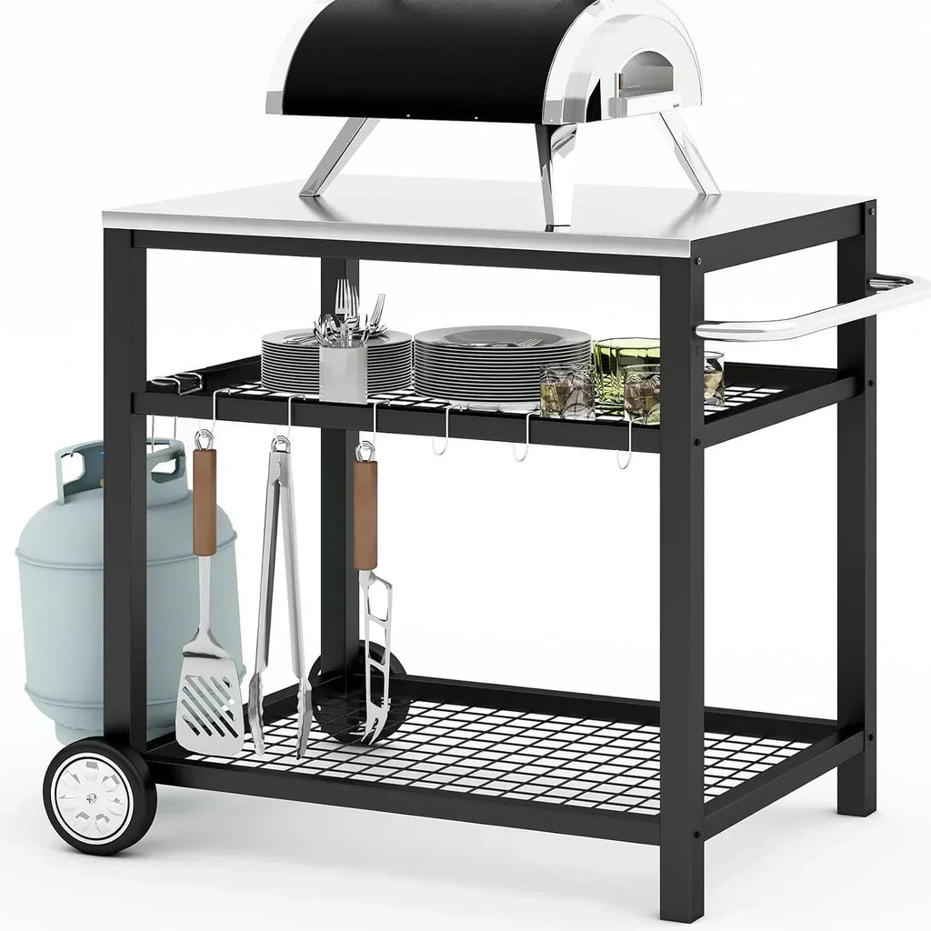 Stainless Steel Outdoor Grill Cart Pizza Oven Stand Trolley Table with Wheels Three-Shelf wourant