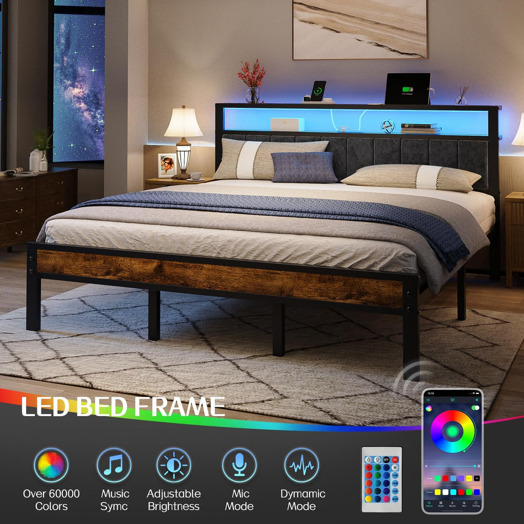 Queen Size Bed Frame with 2-Tier Storage Shelves Headboard Platform Bed with Charging Station wourant