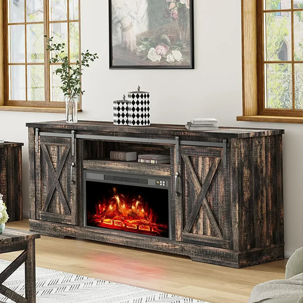 AMERLIFE Fireplace TV Stand with Sliding Barn Door  Farmhouse 63" Fireplace Entertainment Center wourant