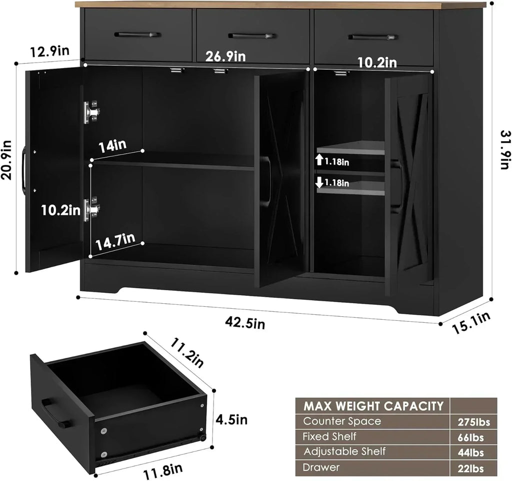 Modern farmhouse sideboard barn door buffet storage cabinet with drawers and shelves wourant
