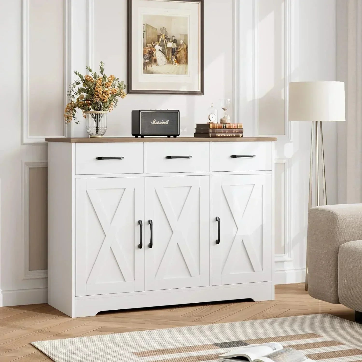 Modern farmhouse sideboard barn door buffet storage cabinet with drawers and shelves wourant