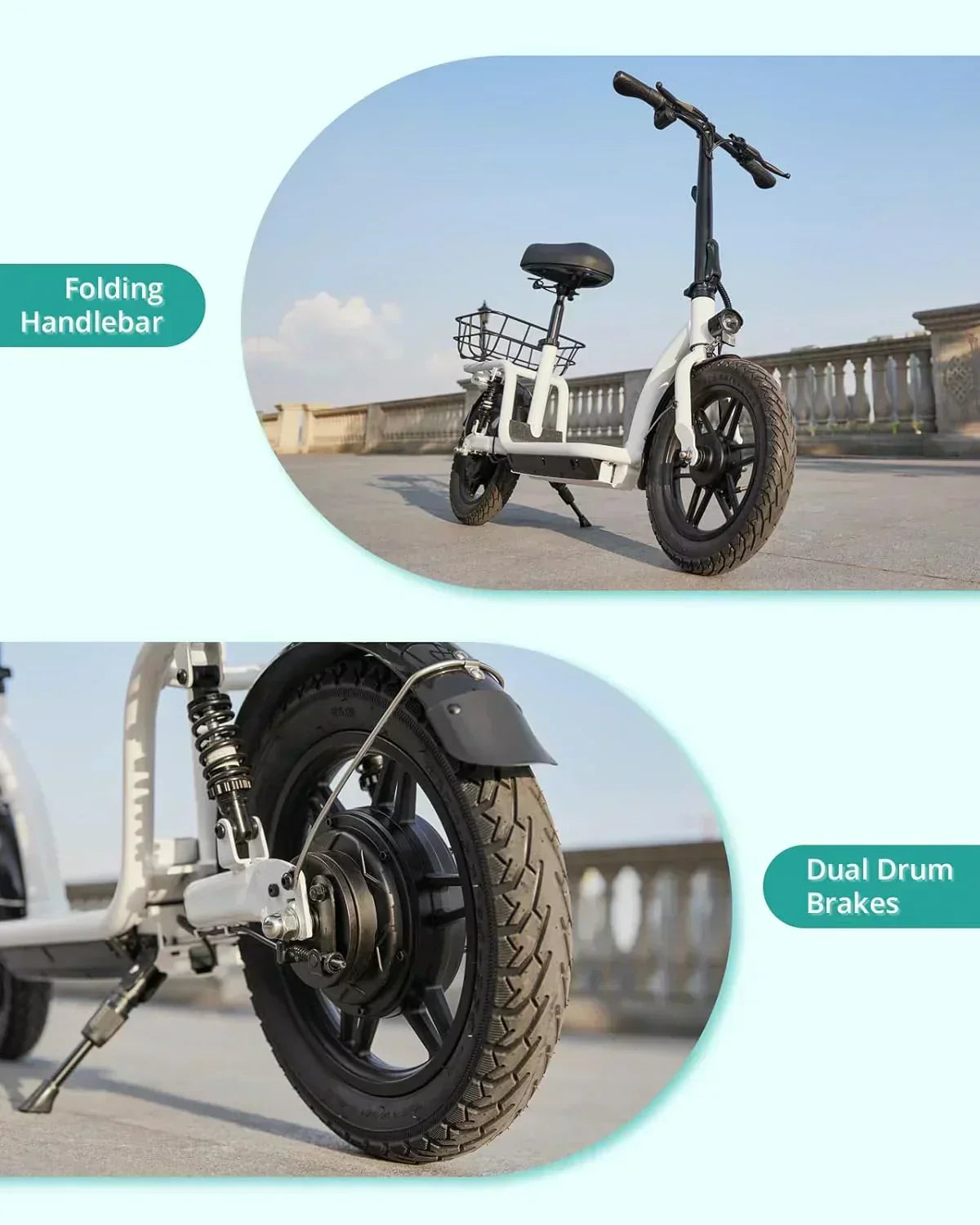 Gotrax adult electric scooter with seat maximum range of 19-25 miles all-terrain tires wide pedals wourant