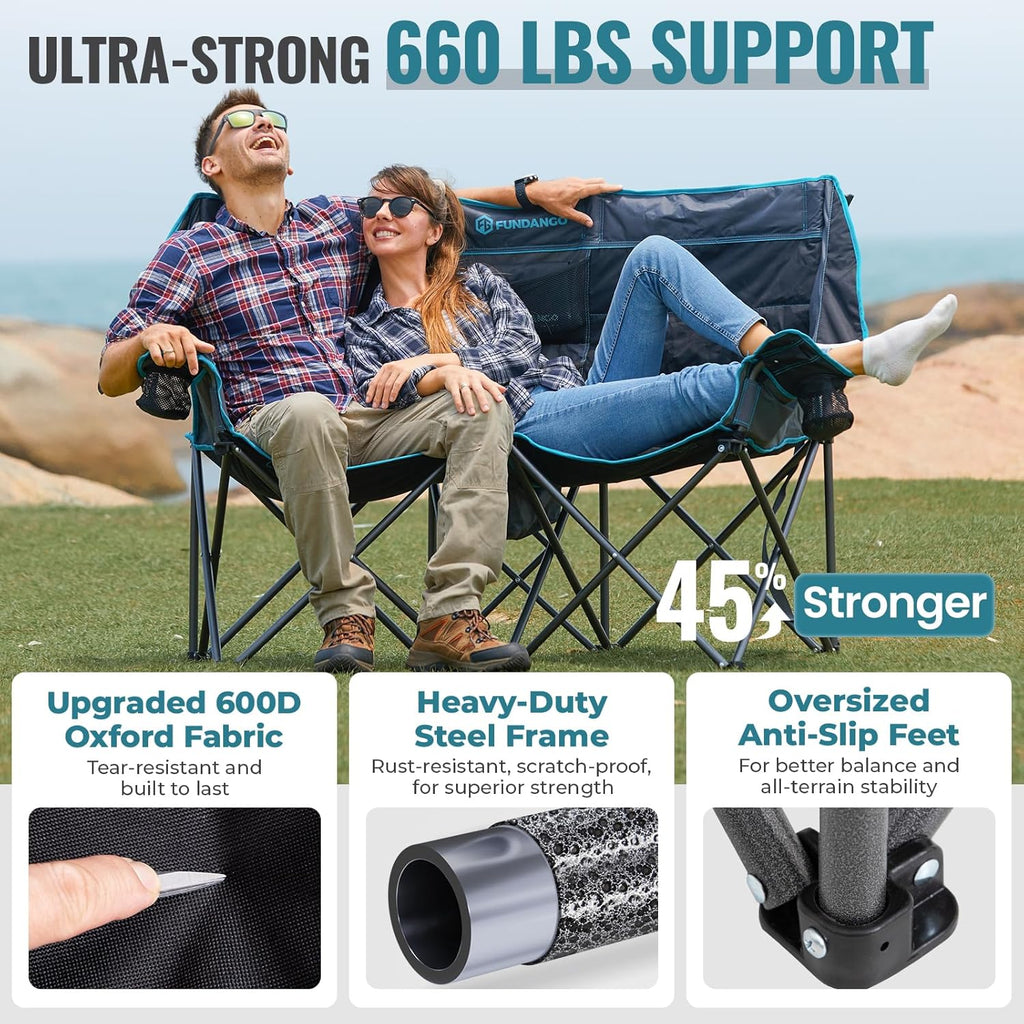 Double Camping Chair Cooler 3-Person Folding Extra Large Camping Chair 1000-Pound Capacity wourant