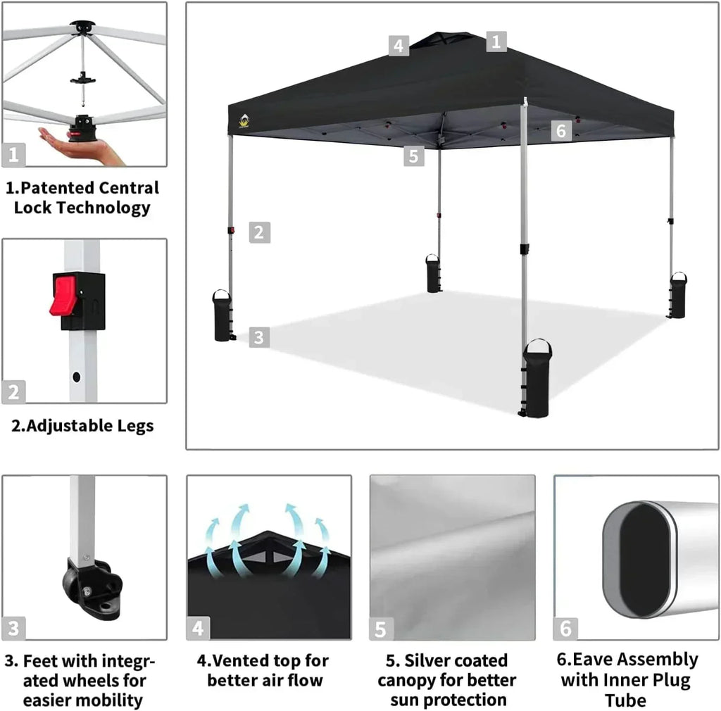 10x10 Pop-Up Awning One-Click Installation Beach Tent Outdoor Sunshade Silver Coated Top wourant