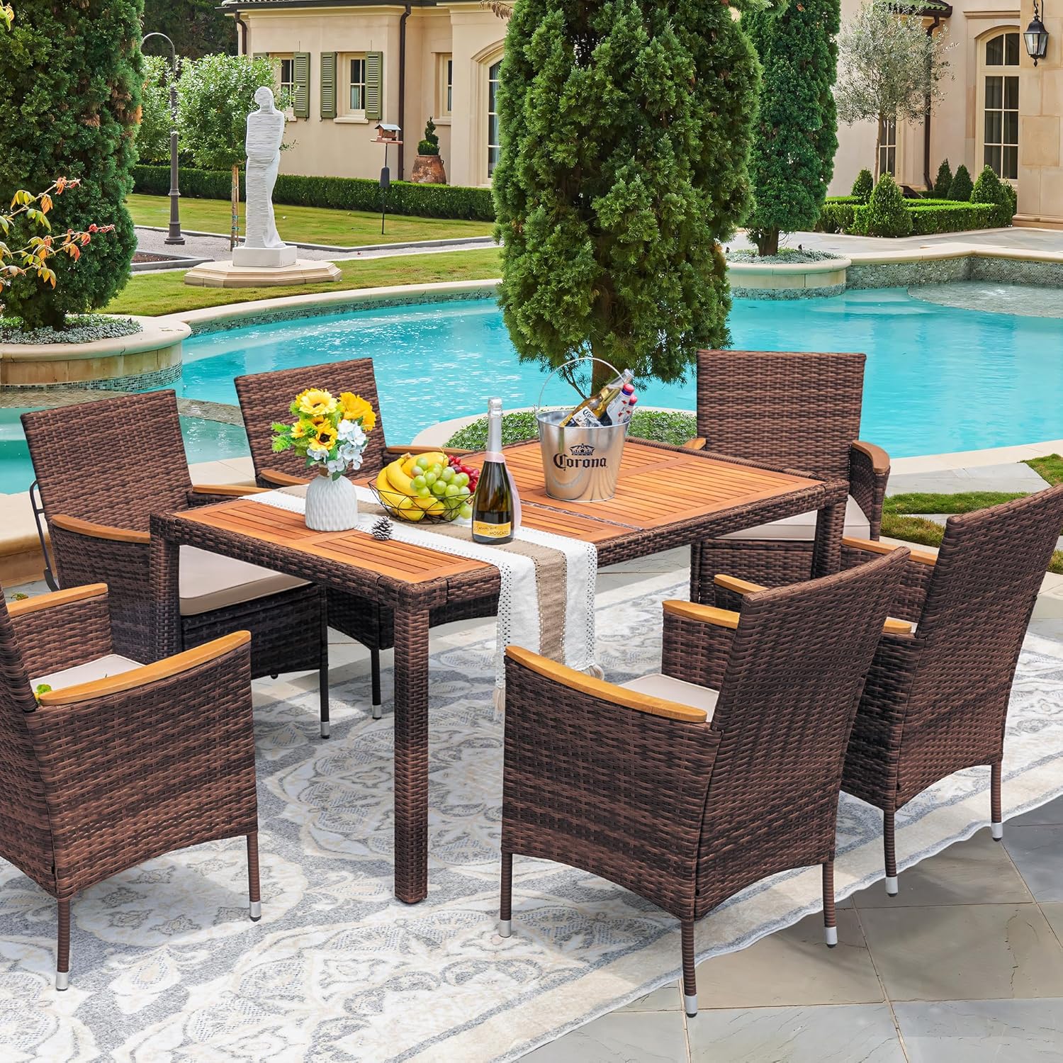Devoko Dining 7 PCS Furniture Patio Conversation Set with Acacia Wood Table Top Rattan Outdoor wourant