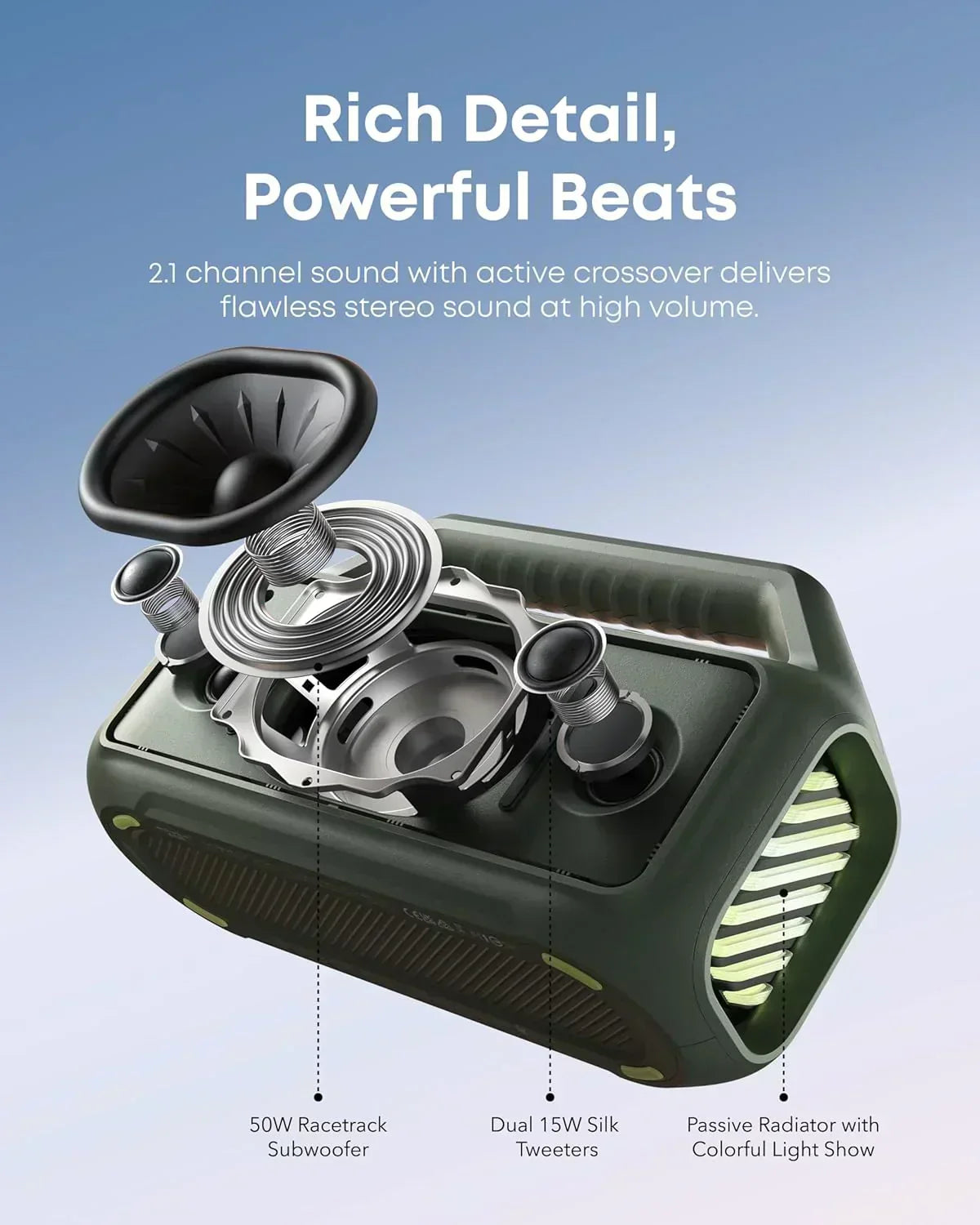 Outdoor Speaker 80W Subwoofer BassUp 2.0 24H Playtime IPX7 Waterproof Floatable RGB Lights wourant