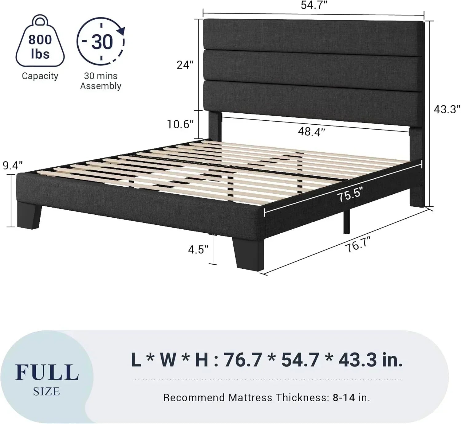 Allewie King size platform bed frame with velvet upholstered headboard and planks wourant